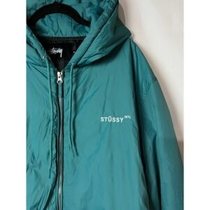 Stussy Jacket Mens XL Teal Green International Hooded Windbreaker Graphic Logo